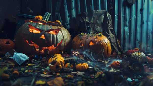 Jack-o'-lanterns with glowing faces are placed on a bed of fallen leaves, creating a spooky atmosphere during Halloween.