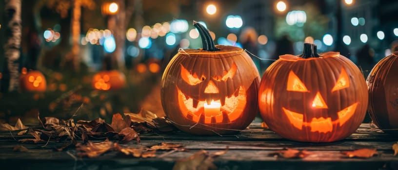 Two carved pumpkins with glowing faces are displayed on a wooden surface amidst fallen leaves during a festive Halloween night.
