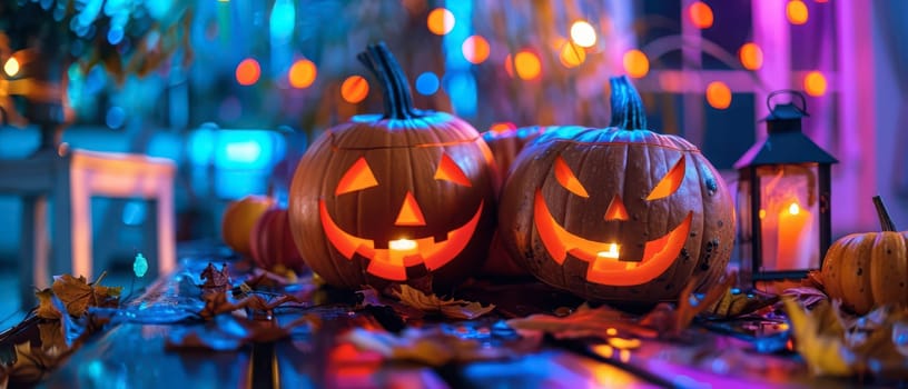 Two glowing jack-o'-lanterns sit on a wooden table surrounded by autumn leaves, illuminated by colorful lights in the background.