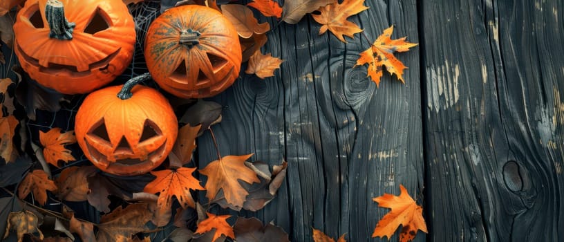 Carved pumpkins with funny and spooky faces sit atop a wooden table scattered with vibrant autumn leaves.