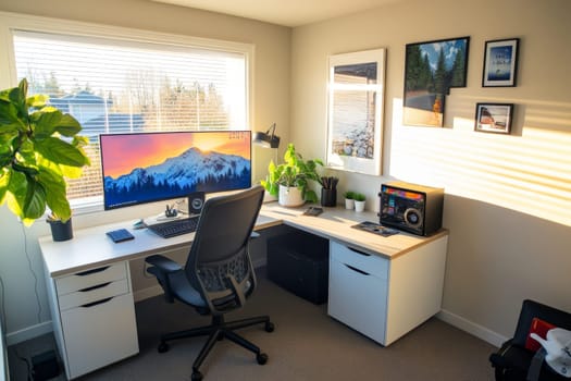 L-shaped desk home office setup with large monitor, ergonomic chair, and plants, framed by window with autumn foliage view.