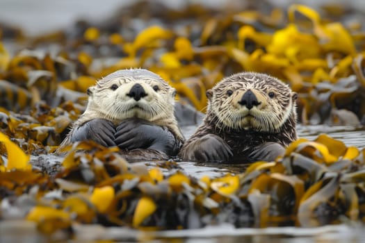 Two endearing sea otters embrace while floating among golden kelp fronds.