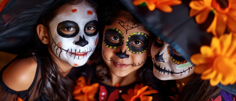 Children celebrate Day of the Dead, wearing vibrant costumes and intricate face paint decorated with flowers and skull designs.
