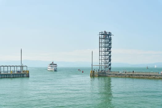 a ship at the Moleturm on the harbor pier in Friedrichshafen on Lake Constance, Bodensee