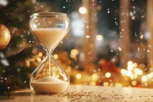 Sand timer with golden glitter against blurred holiday decorations and snowflakes.