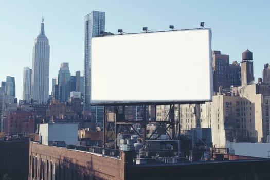 Large blank billboard overlooking iconic Manhattan skyline with famous skyscrapers and urban landscape.
