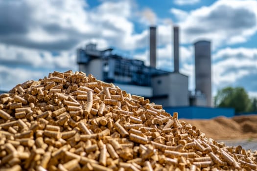 Large pile of wood pellets with industrial biomass production plant and smokestacks in background.