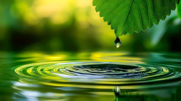A droplet is falling from the green leaf, creating ripples on water  surface. Beauty and serenity of the nature, highlighting environmental care,sustainability. AI generated