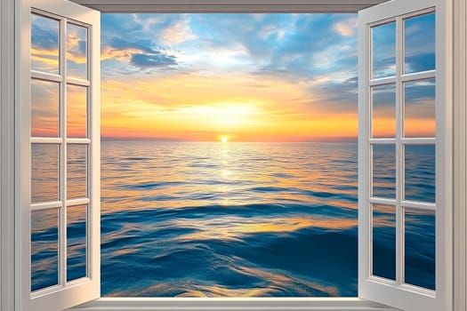 View from a room at sea during sunset through an open window. AI generated