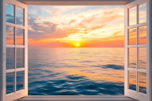 An open window on a sea panorama on sunset. AI generated