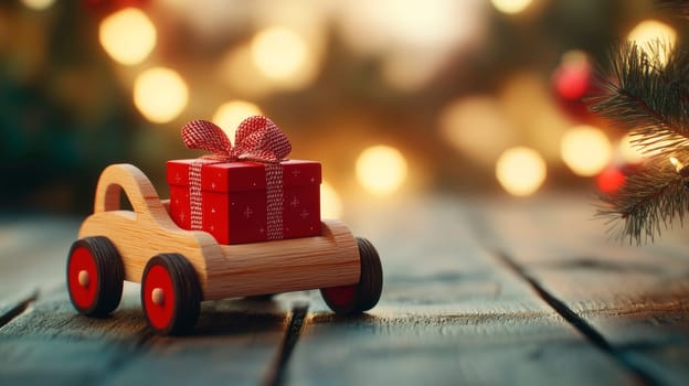 A small wooden car carries a red gift box. Holiday greeting card. AI generated