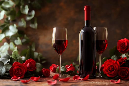 Bottle of wine, glasses and red rose flowers on a table. Valentine Day celebration. AI generated