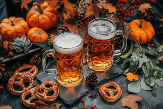 Two frothy beer mugs sit among autumn leaves, pumpkins, and pretzels, capturing the festive spirit of Oktoberfest.