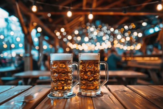Two frosty beer mugs sit on a wooden table as lights twinkle above, capturing the joyful spirit of Oktoberfest with laughter and celebration all around.