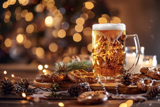 Beer mugs gleam amidst a festive display of pretzels and pinecones, illuminated by twinkling lights, capturing the spirit of Oktoberfest.