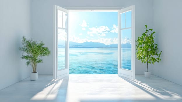 Glass frame doors overlooking to the sea landscape. AI generated