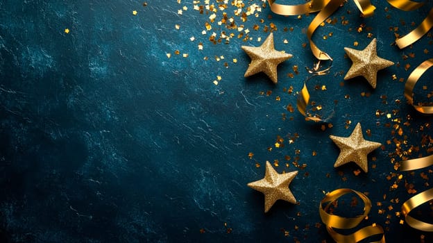 Golden sparkling stars, golden ribbons and sparkling confetti on a dark blue stone background, flat lay,copy space . AI generated