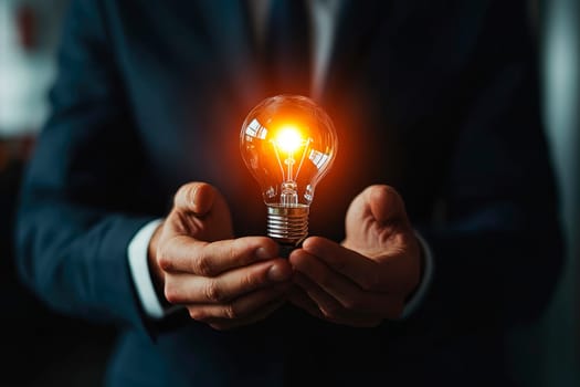 Man holding light bulb,  new ideas with innovative technology and creativity. AI generaed