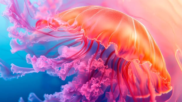 Close-up of a colorful glowing jellyfish swim deep in blue sea. AI generated