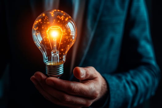 Close-up view photo of a businessman holding a glowing lightbulb . Concept for business idea and success. AI generated