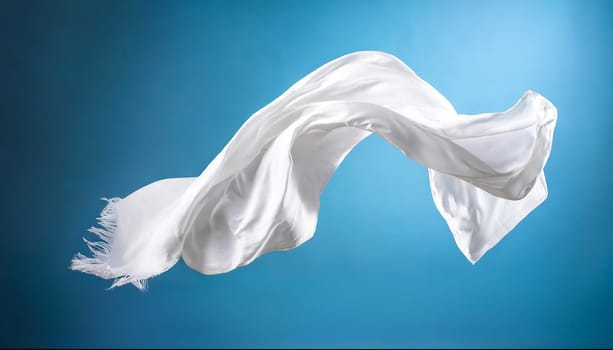 White cloth blowing in the wind against a blue background.