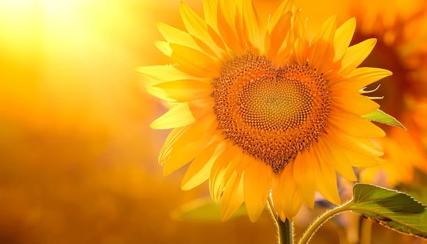 Sunflower in the field in the evening light, whose seed head has a heart shape.