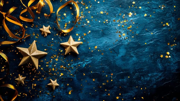 Golden sparkling stars, golden ribbons and sparkling confetti on a dark blue stone background, flat lay,copy space . AI generated