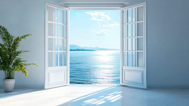 Seascape and blue sky , view from door with glass frame in luxury resort. AI generated
