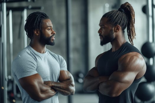 Two muscular men with dreadlocks and beards engaged in serious conversation at a gym.