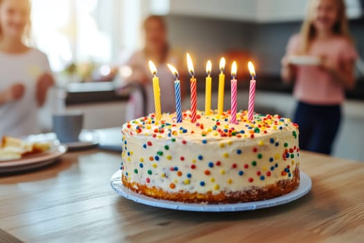 Festive birthday cake with colorful sprinkles and lit candles, celebrating a special day.