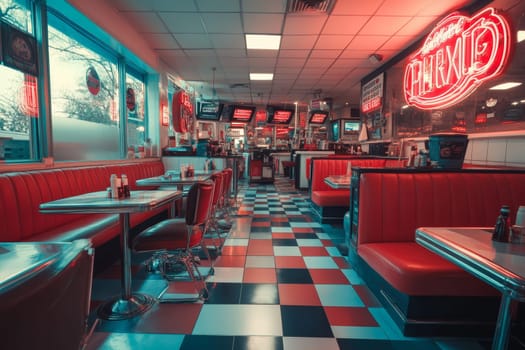 Vibrant retro diner with red booths, checkered floor, and neon signs, capturing the essence of 1950s Americana.