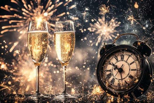 Champagne flutes and clock nearing midnight with spectacular fireworks display in background.