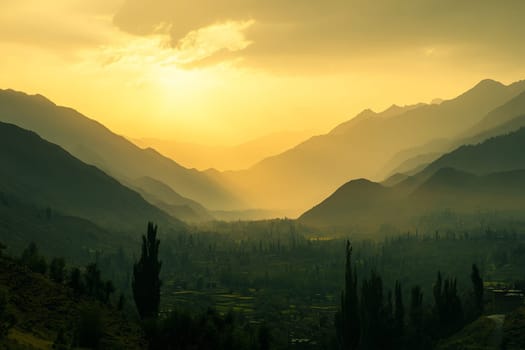 Scenic view of a lush mountain valley bathed in golden light with misty layers and dramatic shadows.
