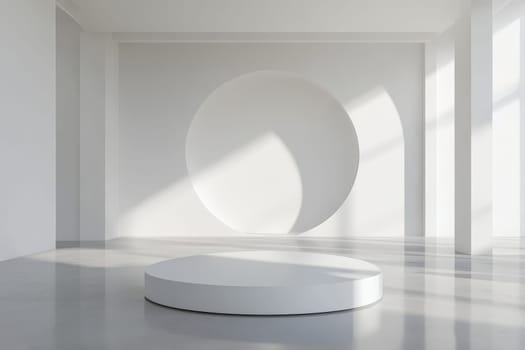 Modern white interior with circular wall indentation, platform, and dramatic light and shadow play, exemplifying contemporary minimalist design.