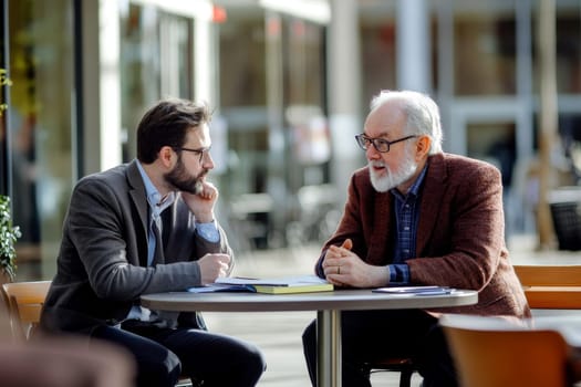 Two businessmen of different ages engaged in a serious discussion at an outdoor cafe table.