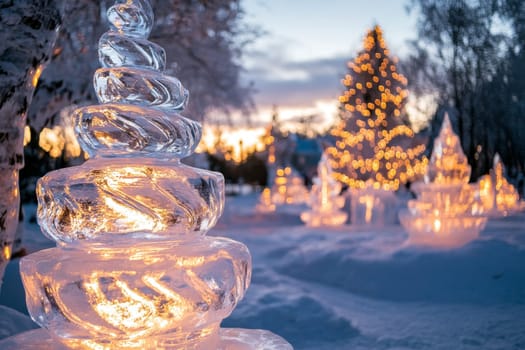 Illuminated ice sculptures in a winter park at dusk, with a glowing Christmas tree in the background.