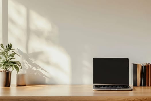 Wooden desk with laptop, potted plants, and books, illuminated by soft sunlight casting shadows on wall.