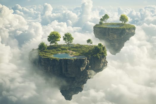 Fantastical rocky islands with lush vegetation floating in a dreamy cloudy sky, evoking a sense of wonder and imagination.