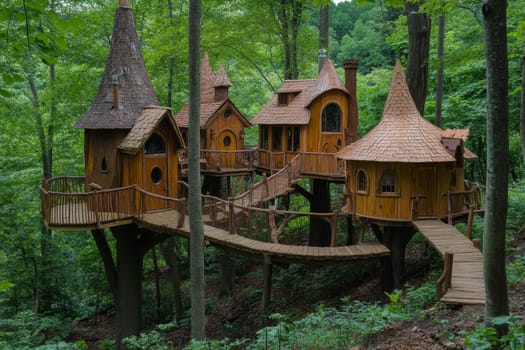 Interconnected wooden treehouses with conical roofs and walkways nestled among lush green forest trees.