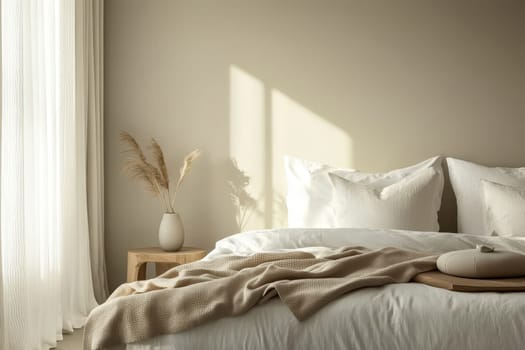 Warm, inviting bedroom bathed in soft sunlight, featuring neutral tones, textured bedding, and dried pampas grass decor.