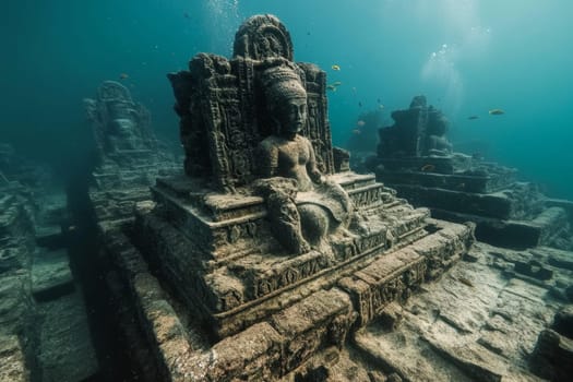 Submerged ancient stone statue with intricate carvings surrounded by underwater ruins in clear turquoise water.
