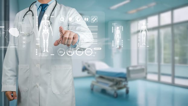Doctor using finger touching screen for medical diagnostic analysis on modern virtual screen network connection, Medical technology concept, Body human anatomy on technological futuristic.