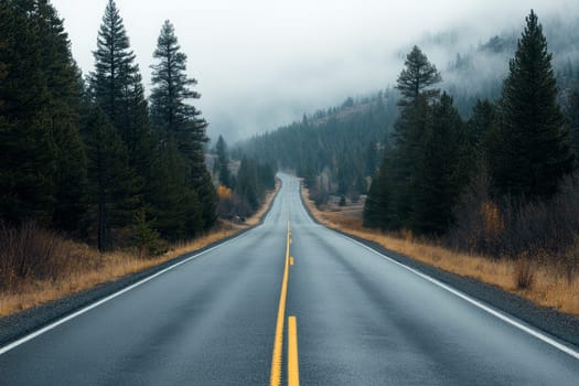Winding road through pine forest, fog shrouds distant mountains, moody atmosphere.