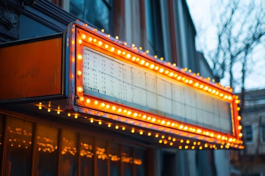 Illuminated retro theater sign with blank space, framed by warm glowing bulbs.