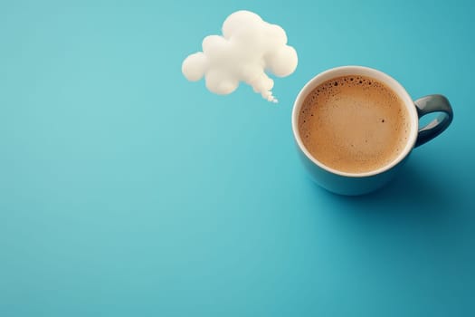 Blue coffee mug with frothy surface, white cloud-shaped thought bubble above on teal backdrop.
