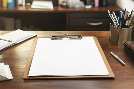 Brown wooden desk with clipboard, blank paper, pen holder, and office supplies in professional setting.