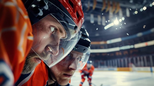 Side view of a determined ice hockey player with intense gaze, ready for the match in the rink, reflecting teamwork and preparation