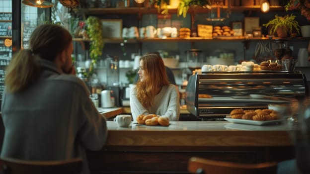Two individuals enjoying a warm and intimate conversation over coffee in a cozy and stylish cafe interior