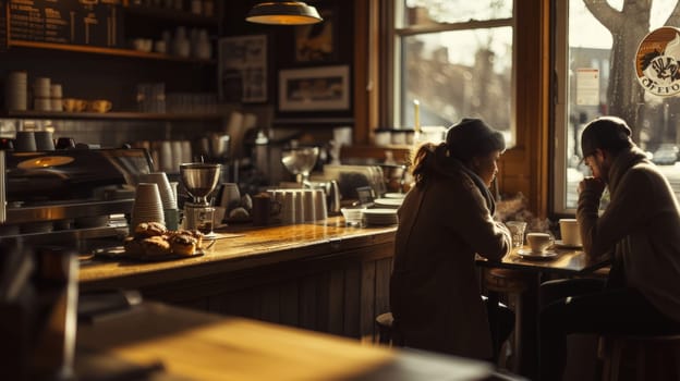 Two friends savoring a quiet coffee break together in a sunlit coffee shop on a chilly winter day