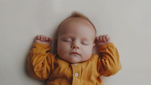 Newborn baby in deep sleep, dressed in a mustard yellow onesie against a soft white background